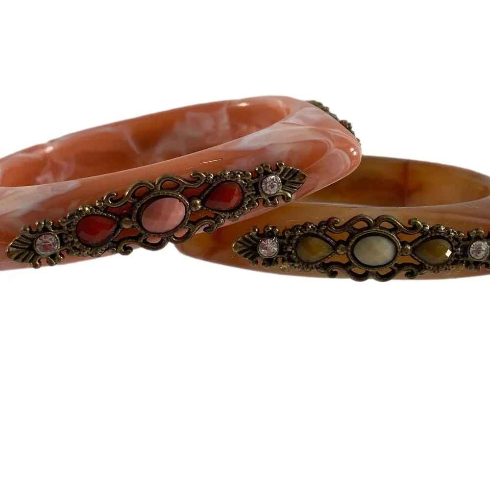 Lot of 2 Plastic Bejeweled Square Bangles Pink Tan Marbling Look Rhinestones